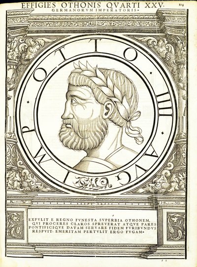 Otho IIII, Illustration aus Imperatorum romanorum omnium orientalium et occidentalium verissimae imagines ex antiquis numismatis, Holzschnitt von Rudolph Wyssenbach, gedruckt von Andreas Gesner, Zürich, 1559 von Hans Rudolf Manuel Deutsch